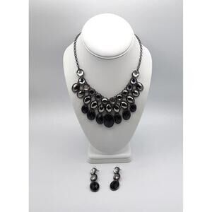 Vintage Black, Gray and Silver Statement Necklace with Matching Earrings Set